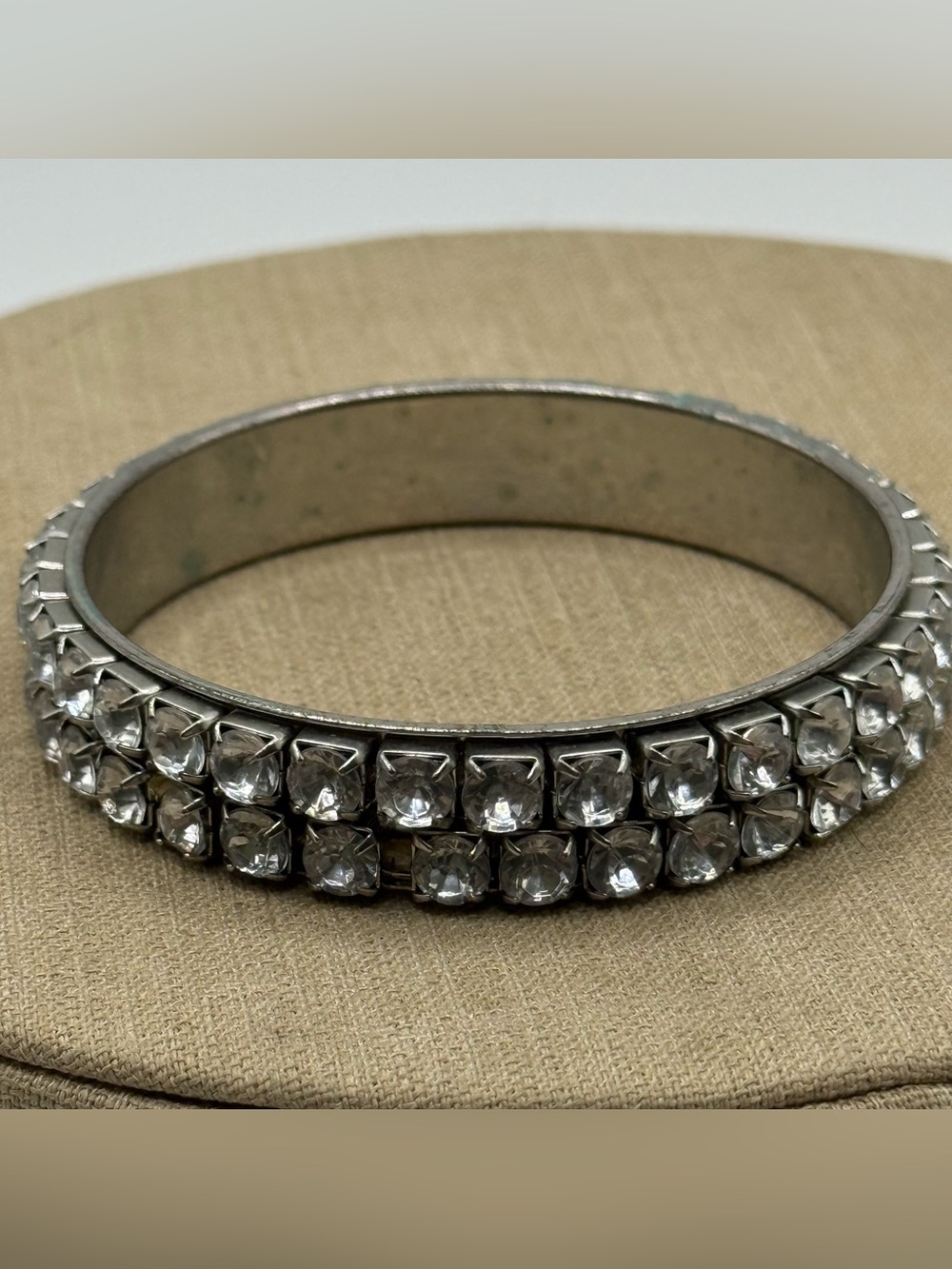 Large Crystal-Embellished Silver Tone Bangle Bracelet